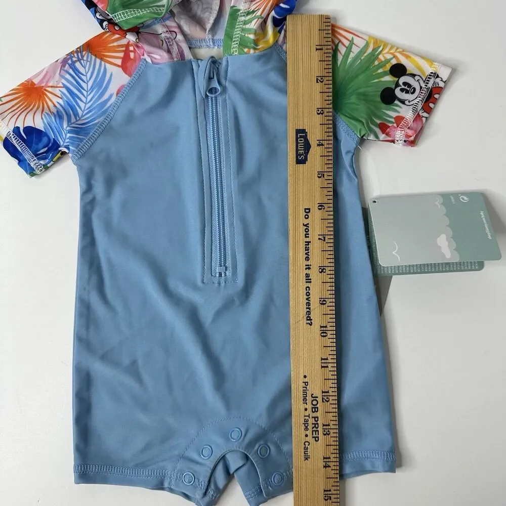 Disney Baby Mickey Mouse Hooded One Piece Tropical Swimsuit 3‑6M UPF 50+‎ NEW